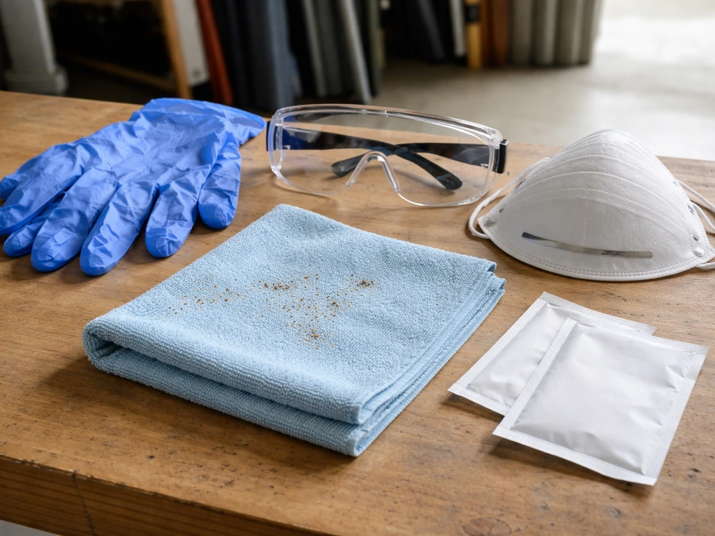 Disposable gloves, eye protection, and mask laid out beside car bird-dropping cleanup supplies.
