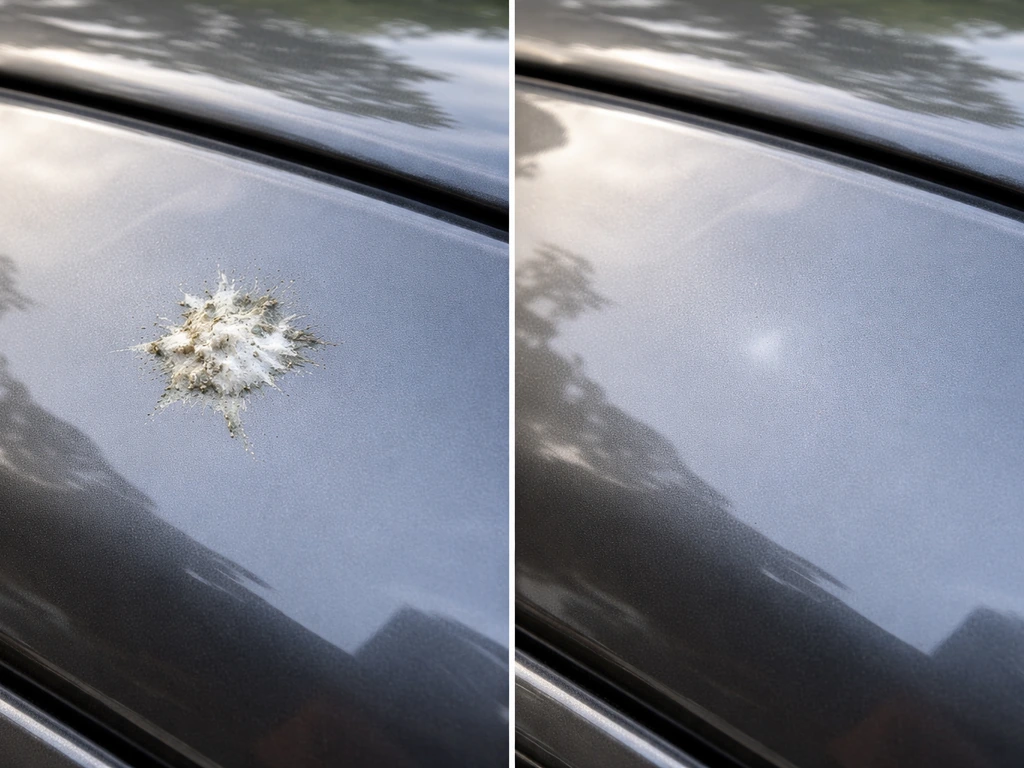 Close-up of car clear coat with dried bird droppings before and after gentle damp-cloth removal