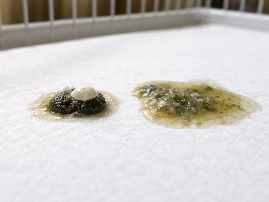 Close-up of bird droppings on a cage liner showing normal and watery samples with liquid texture.