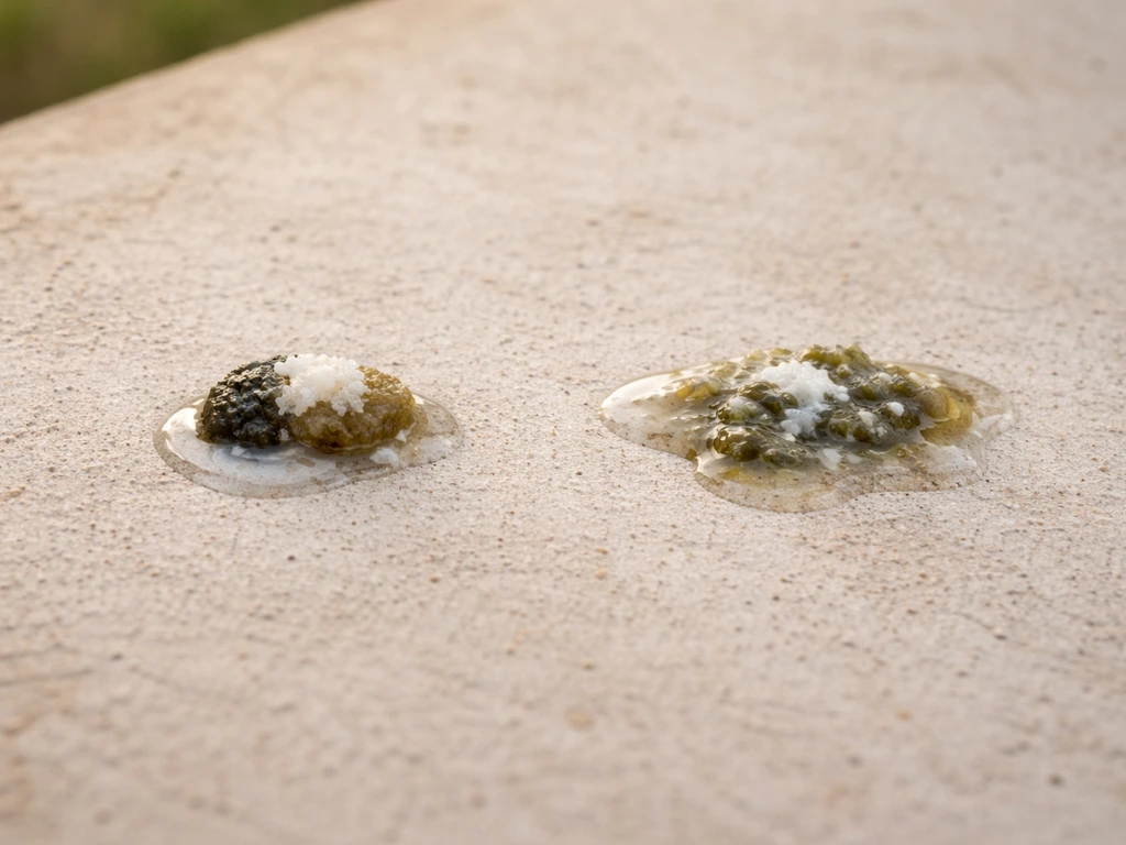 Close-up of bird droppings: separate dark fecal core, white urates, and clear urine next to watery droppings