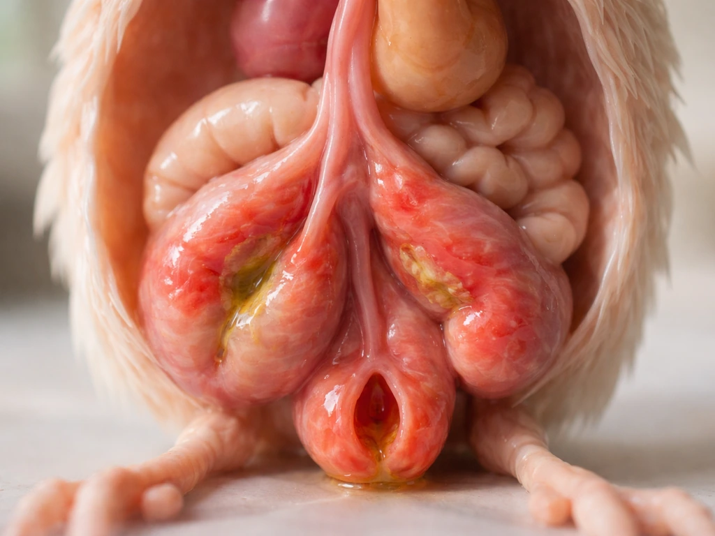 Close-up of a bird digestive tract model showing the lower GI area with subtle irritation.