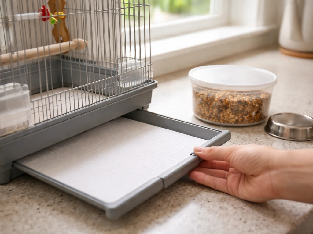Person placing a clean liner under a small birdcage with bowls of dry food in view