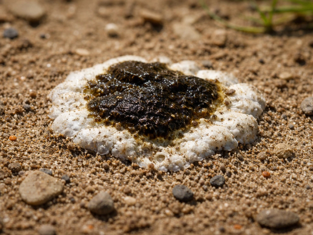 Macro view of bird droppings with a dark center and white urate ring on outdoor ground