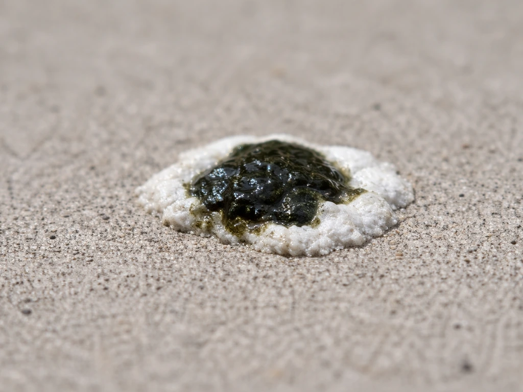 Macro close-up of bird droppings on concrete with a dark center and white urate around it