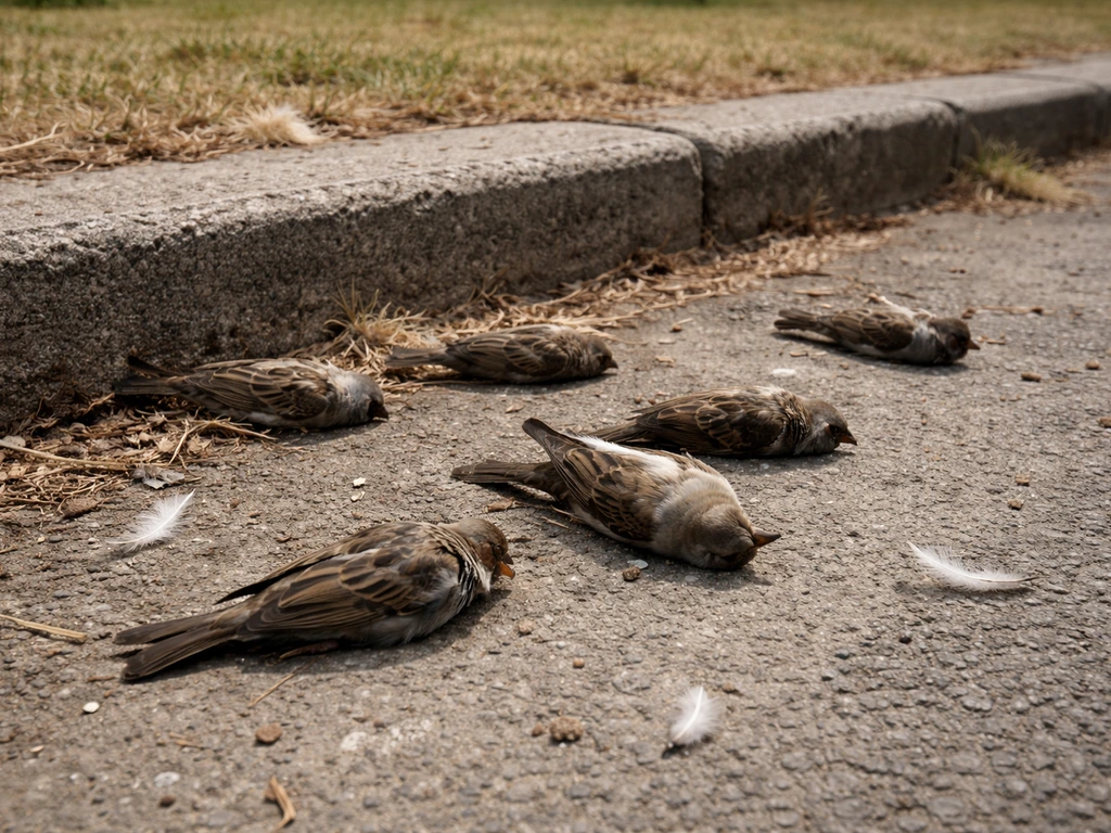 Several dead birds clustered on pavement near a curb, photographed outdoors in natural light.