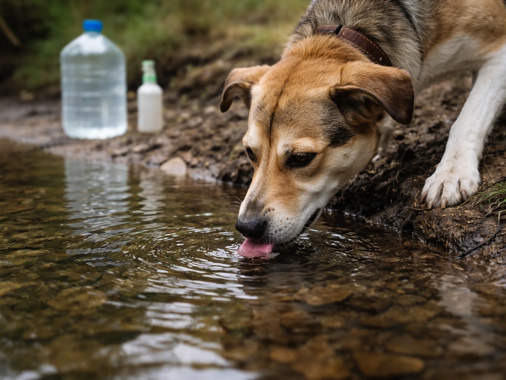 Dog drinking at a stream edge with clean-water container nearby, suggesting fecal-oral contamination risk