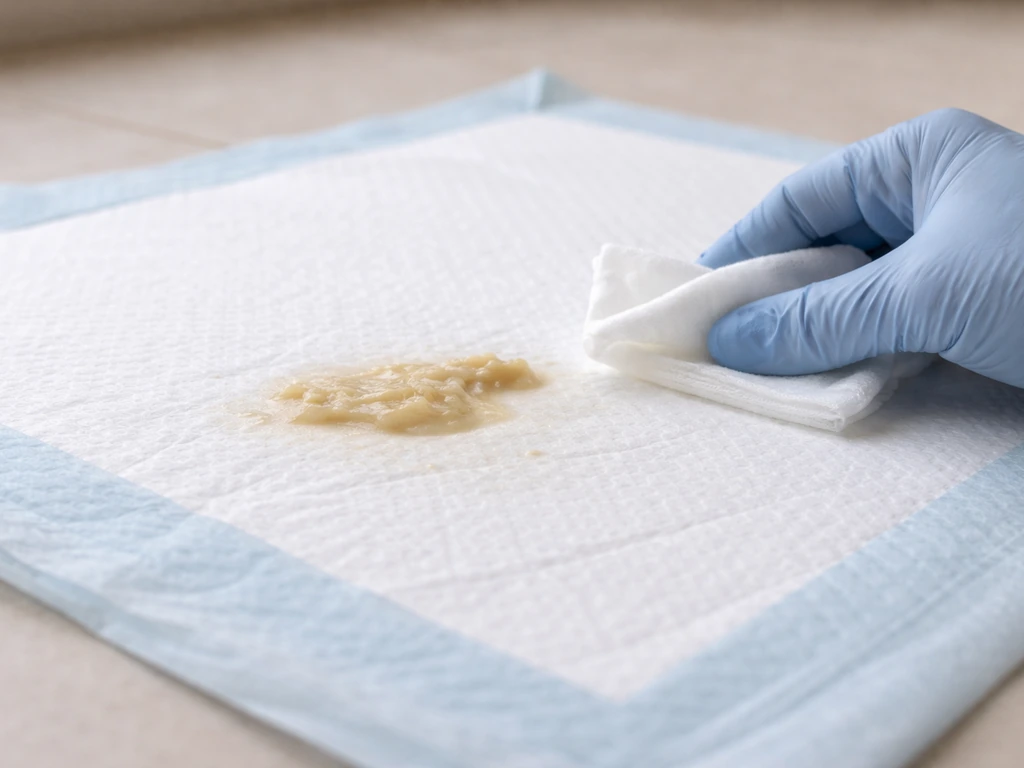 Close-up of a dog stool sample on a disposable pad with a gloved hand holding a cleaning wipe.