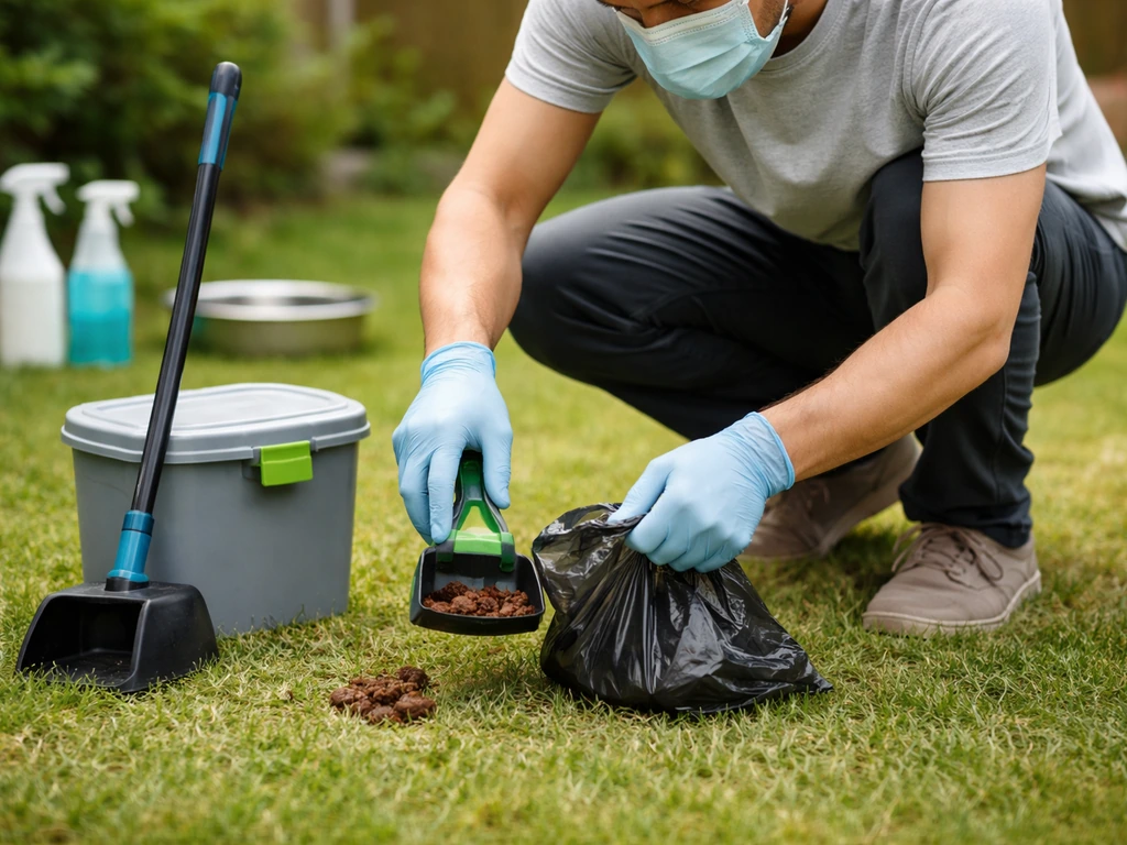 Gloved person scooping and bagging feces in a backyard with disinfectant bottles and a water bowl nearby.