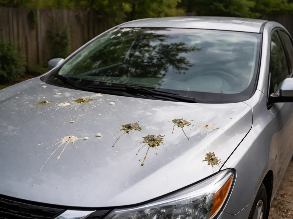 A parked car with fresh bird droppings on the hood and roof in natural daylight.