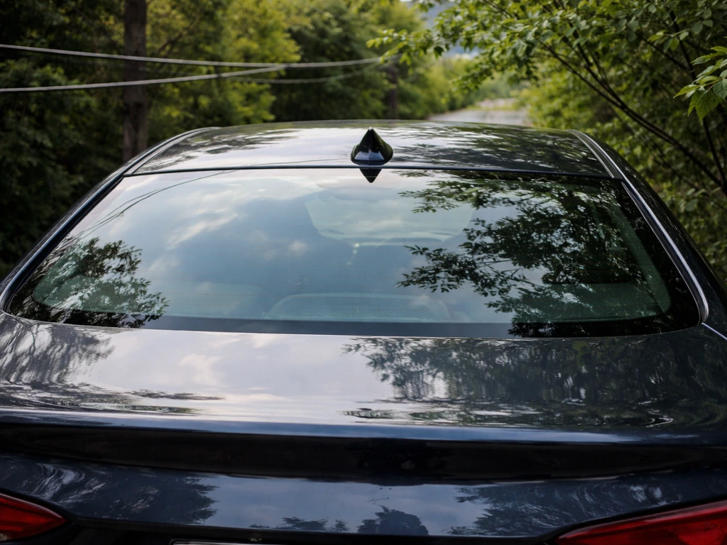 Rear car roof in natural light with nearby tree branches and telephone wires; glossy reflections visible.