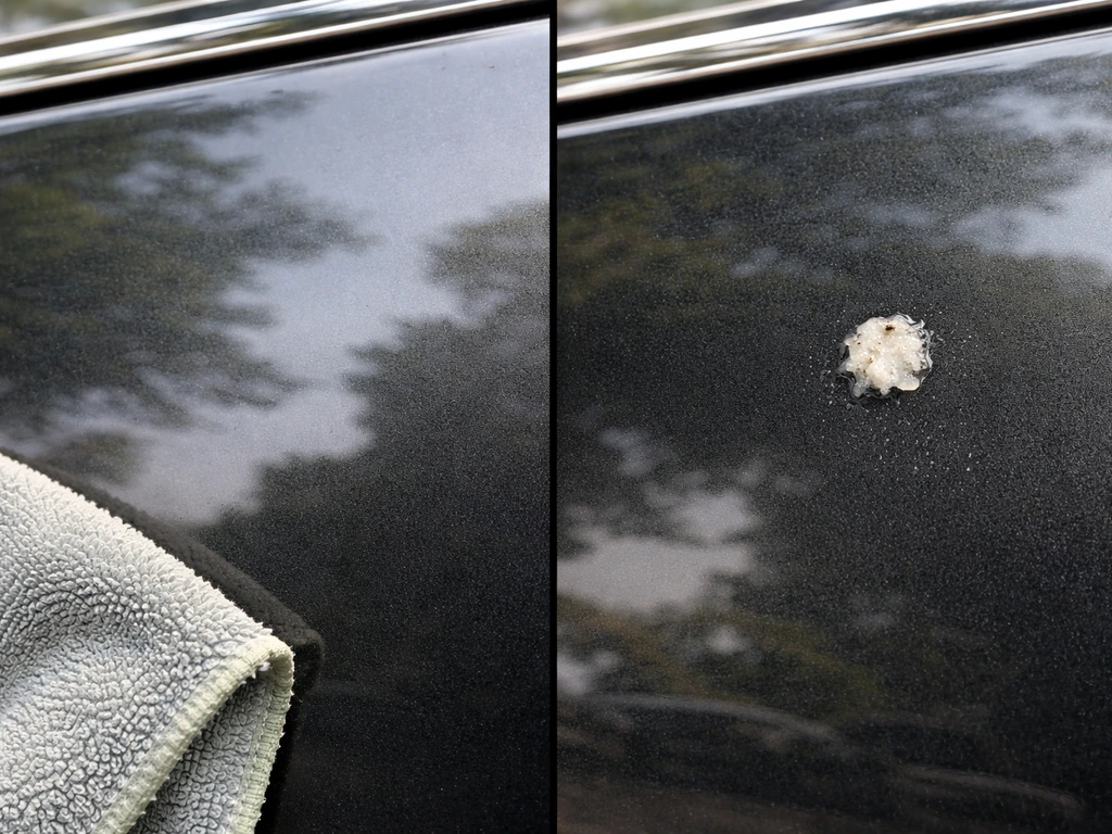 Close-up of a car panel showing one spot cleaned with a cloth and another bird dropping not yet cleaned.