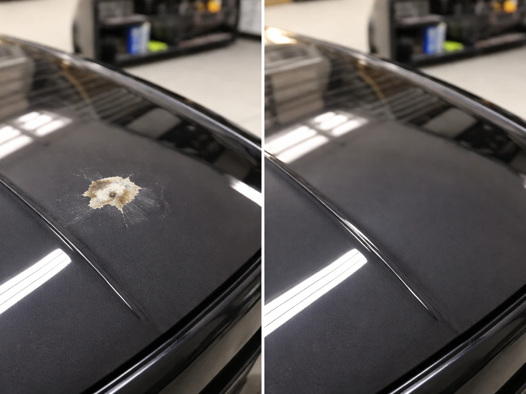 Car hood panel showing clear-coat etching from droppings on one side and glossy protected finish on the other.