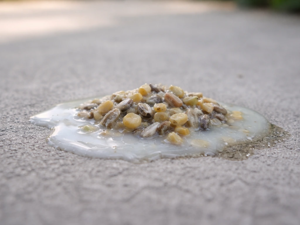 Photoreal close-up of a small cluster of regurgitated seeds in a milky pool on a surface