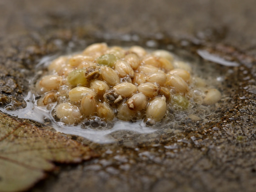 Extreme close-up of softened seeds in a shallow clear-to-milky pool of bird regurgitation fluid.