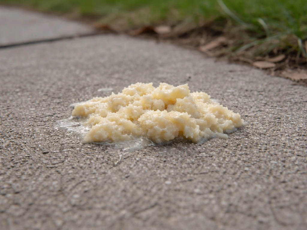 Close-up of a small amount of curd-like yellowish-white regurgitated material on a simple outdoor surface