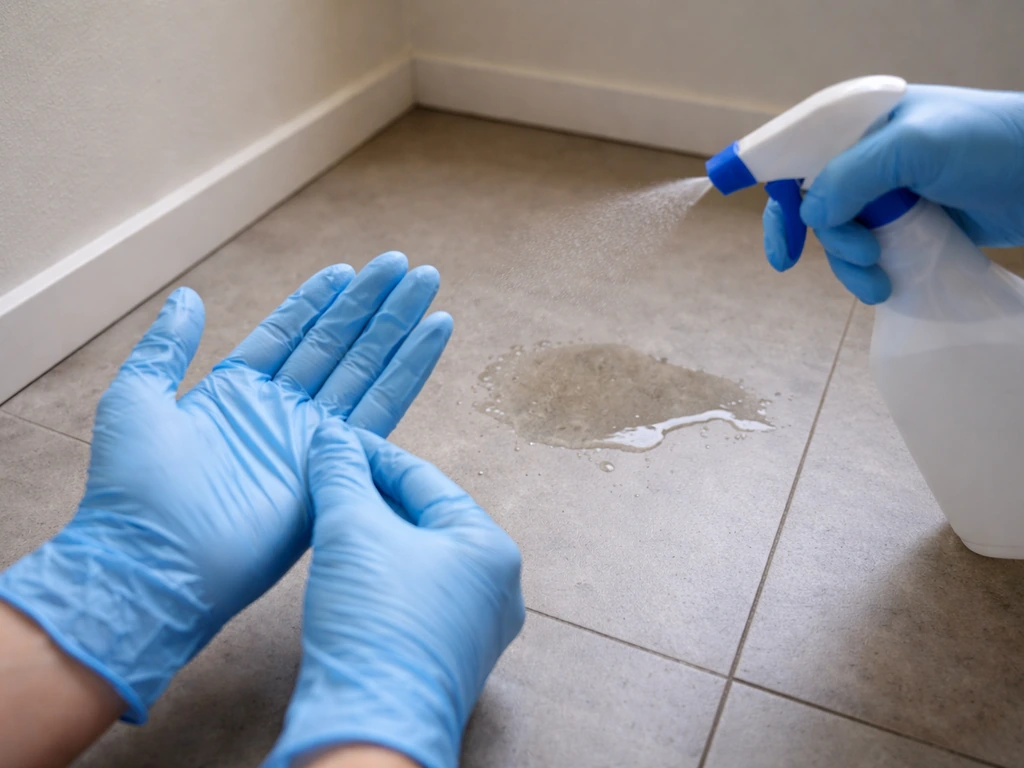 Disposable waterproof gloves going on while wetting a small floor spot with a spray bottle before cleanup.
