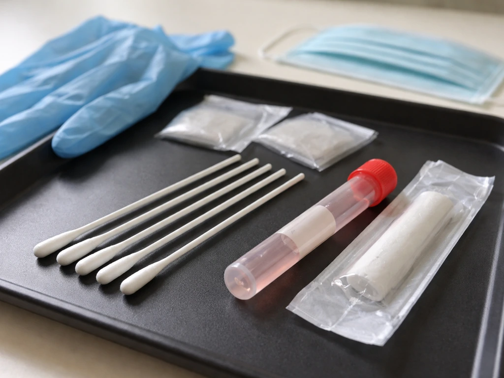 Sterile swabs and transport media tube arranged on a clean surface with gloves and mask for safe sampling.