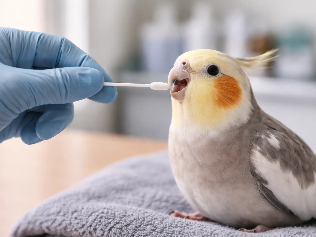 Gloved clinician hand holding a sterile swab near a calm bird’s beak for oropharyngeal sampling.