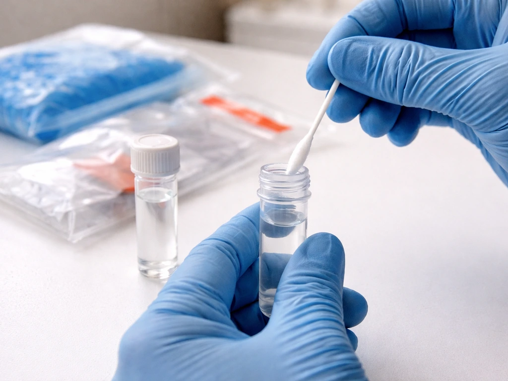Gloved hands place a swab into transport media in a sealed tube on a cold-pack setup.