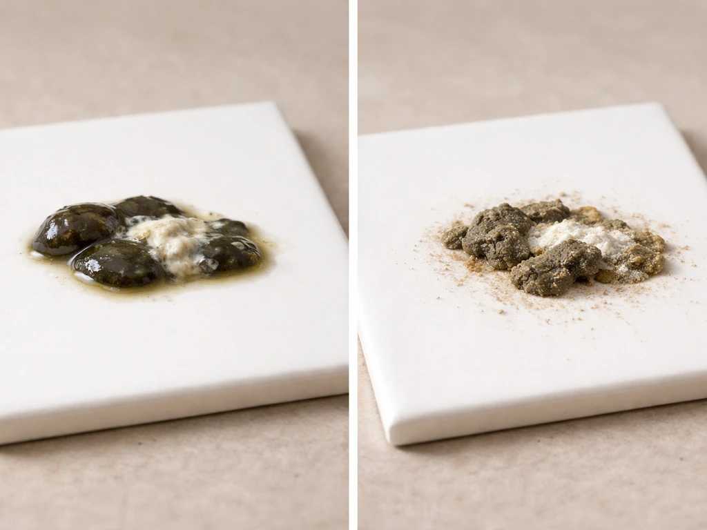 Side-by-side close-up of fresh glossy and dried cracked bird droppings on ceramic tiles.