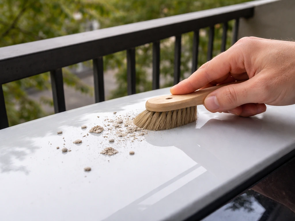 Dry bird droppings on a car hood near a balcony railing, with a hand brushing them before wetting