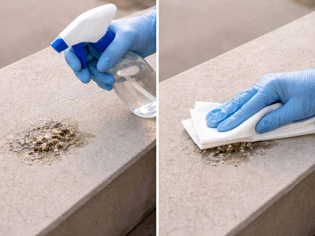 Gloved hands gently mist bird droppings with water, then wipe with paper towels outdoors