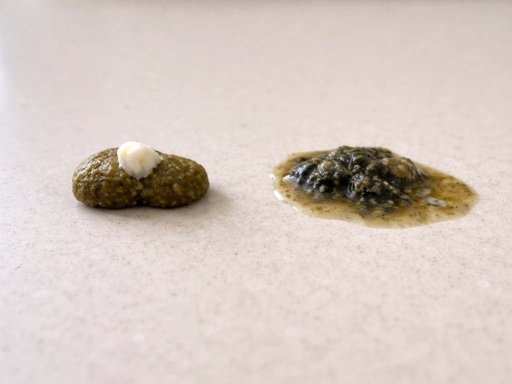 Close-up comparison of healthy vs unhealthy bird droppings on a clean neutral surface.