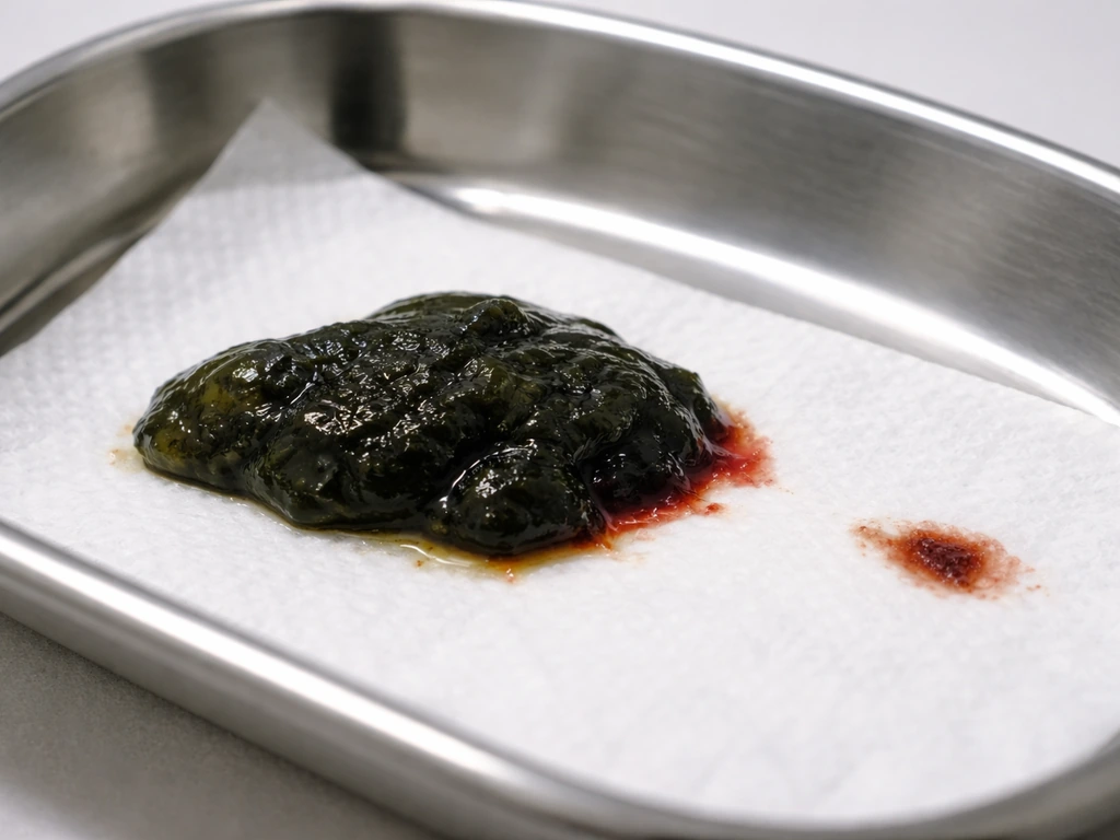 Close-up of dark, tarry stool and reddish-brown stool residue on absorbent paper, non-graphic and clinical.