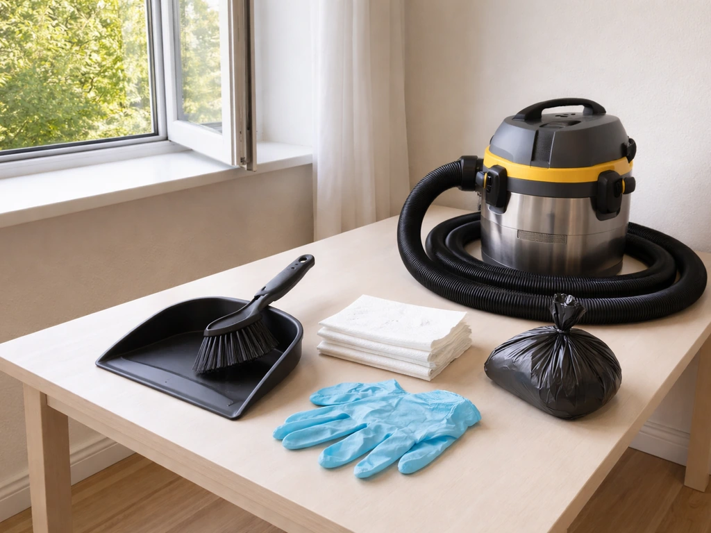 Ventilated room with HEPA vacuum, dustpan, gloves, and paper towels laid out for safe bird droppings cleanup.