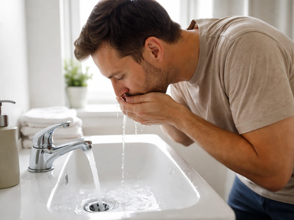 Person rinsing their mouth at a clean bathroom sink under running water for safety.