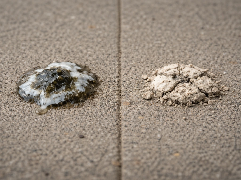 Close-up side-by-side of fresh moist bird droppings with sheen and dried crumbly droppings with cracks.