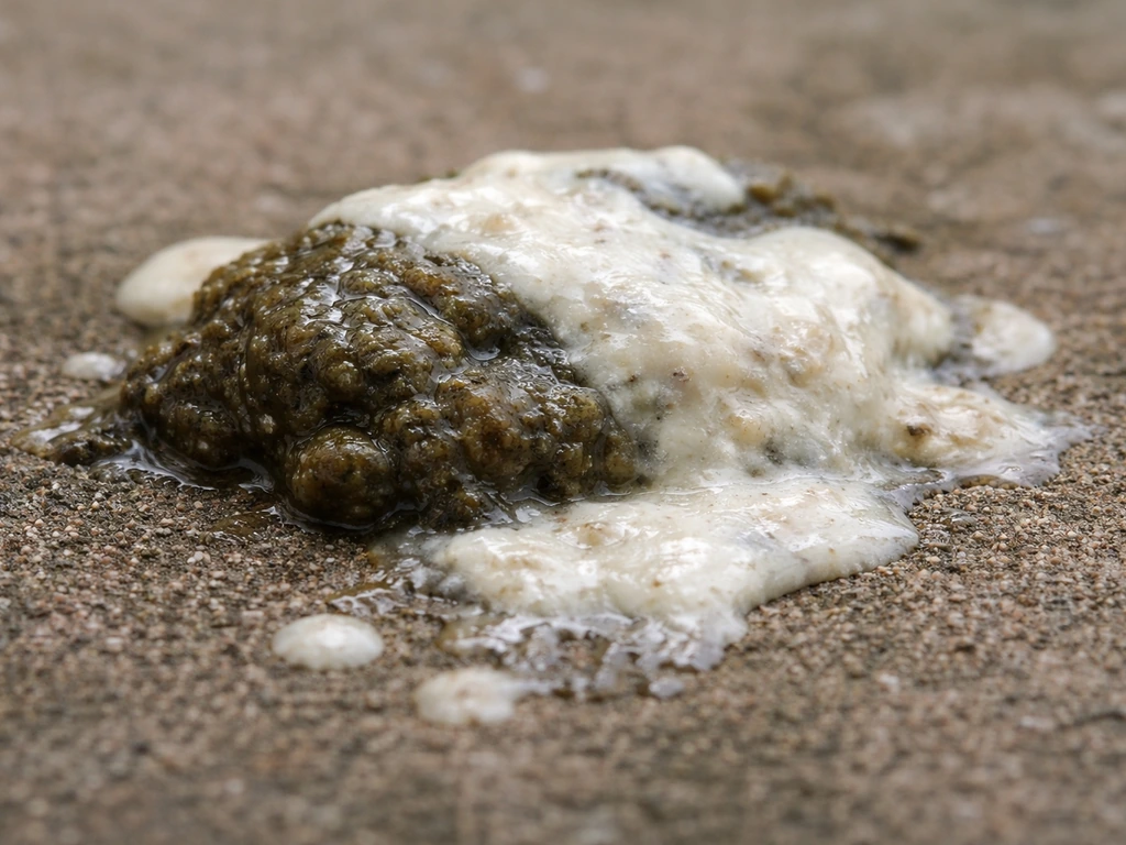 Macro close-up showing dark fecal matter and off-white uric acid paste texture and contrast