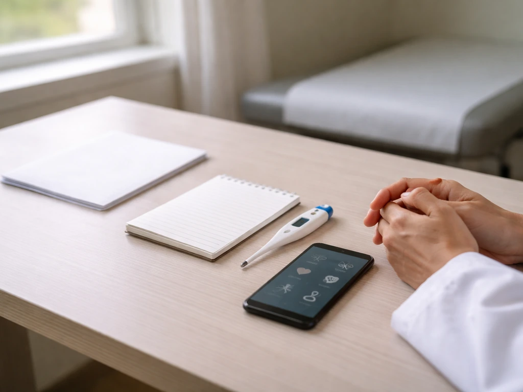 Clinician-style desk with thermometer, symptom notebook, and phone showing urgent care guidance