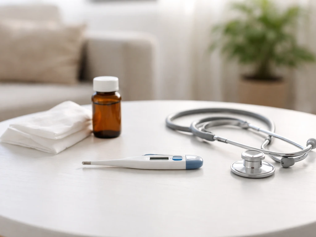 Digital thermometer, tissues, and a stethoscope on a small table suggesting fever and breathing-related symptoms.