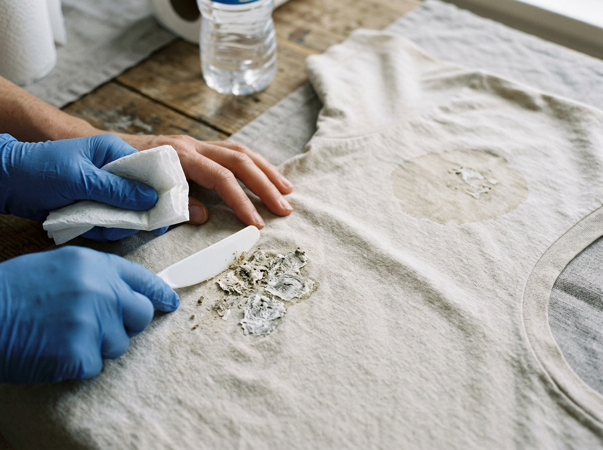 Scraping and wiping bird poop from fabric before washing
