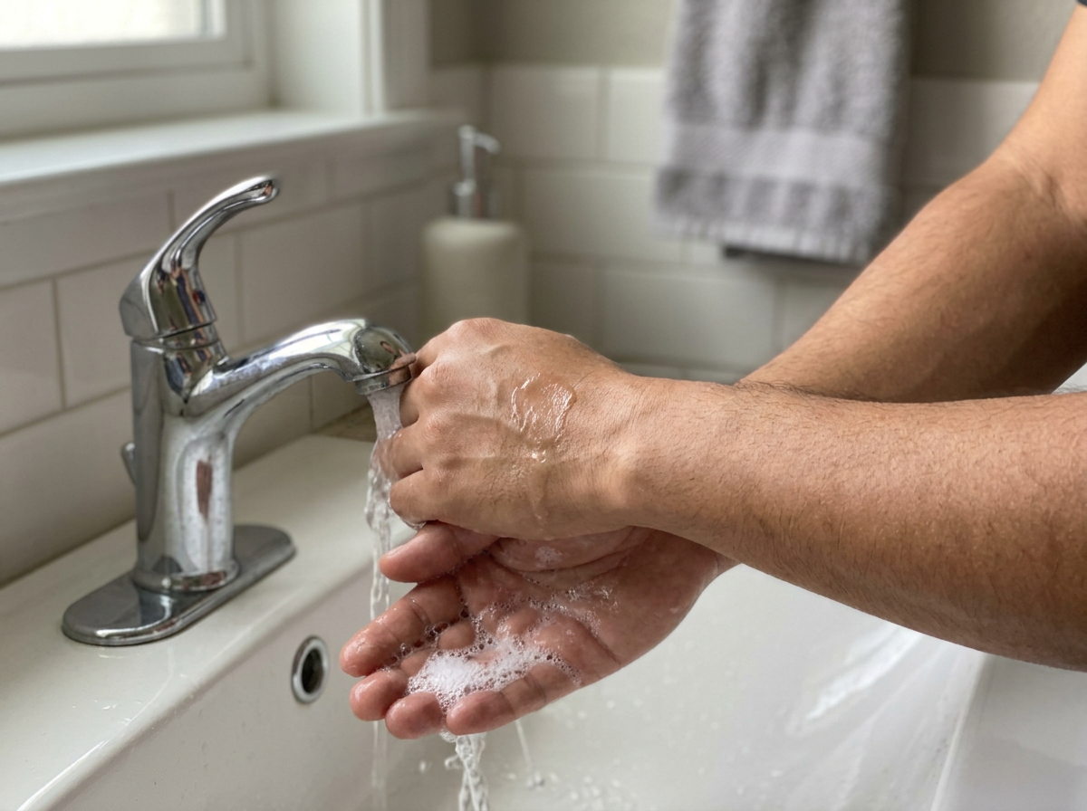 Rinsing bird poop off hands under running water