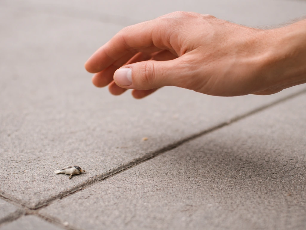Close-up of a hand hovering near a visible bird dropping, conveying irritation risk without injury.