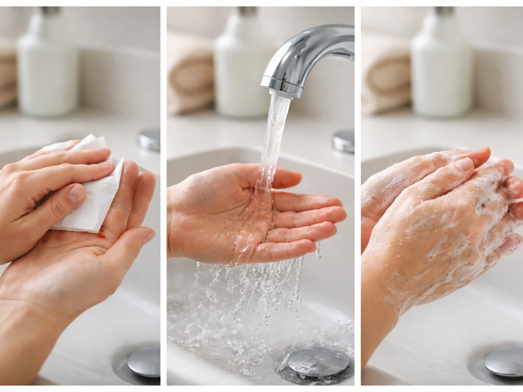 Close-up sequence of a hand blotting, rinsing, and washing with soap after an accidental skin touch