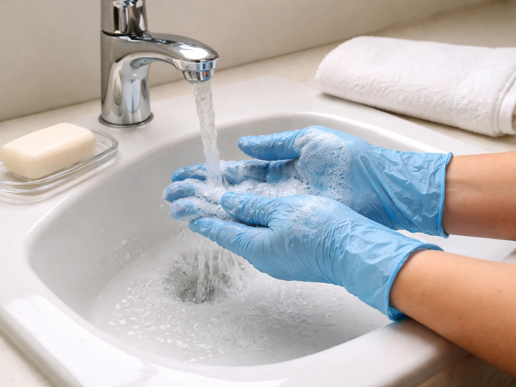 Gloved hands washing with soap-and-water at a sink, rinsing, drying with a clean towel