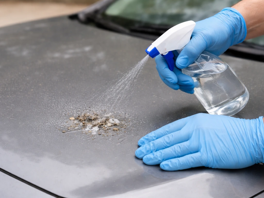 Gloved hands wetting bird droppings on a car hood with a spray bottle before wiping