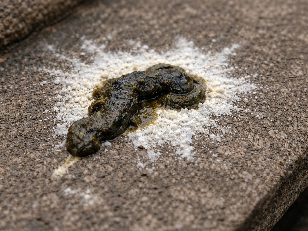 Closeup of bird droppings on a rooftop surface, showing dark feces and white chalky urate
