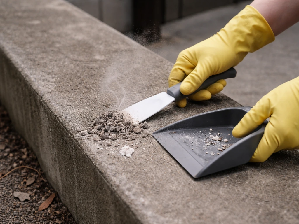 Gloved hands dry-scraping dried bird droppings while fine dust rises to suggest inhalation risk.