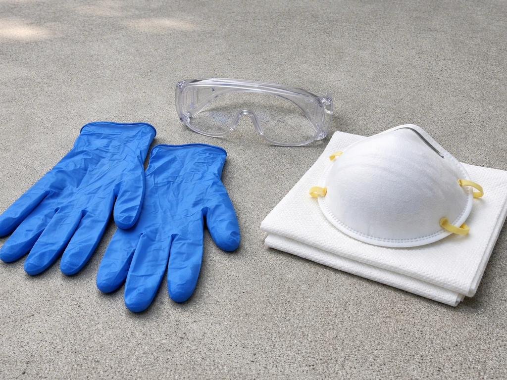 Nitrile gloves, goggles, and an N95 respirator laid out neatly for cleaning bird droppings
