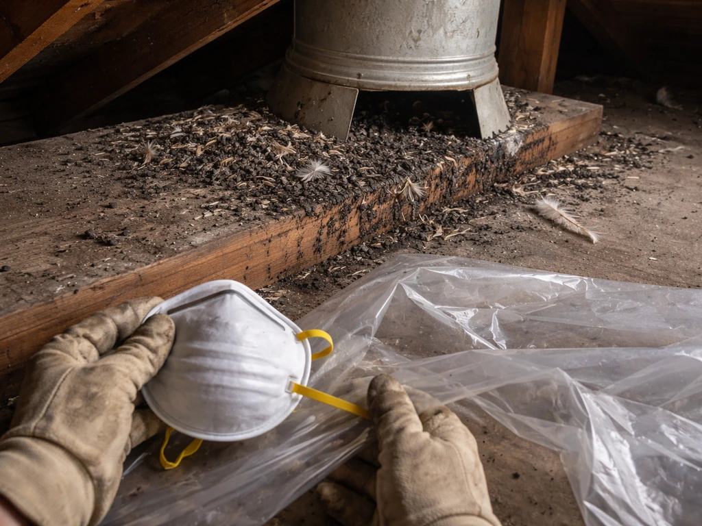 Attic near a vent with visible accumulated bird droppings and a gloved person holding a mask and plastic sheet.
