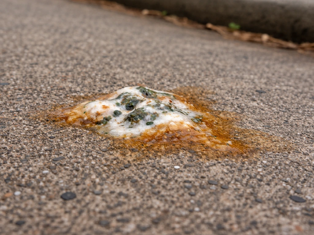 Orange-tinged bird droppings on an outdoor walkway, close-up showing dirty specks and a safety-focused mood.