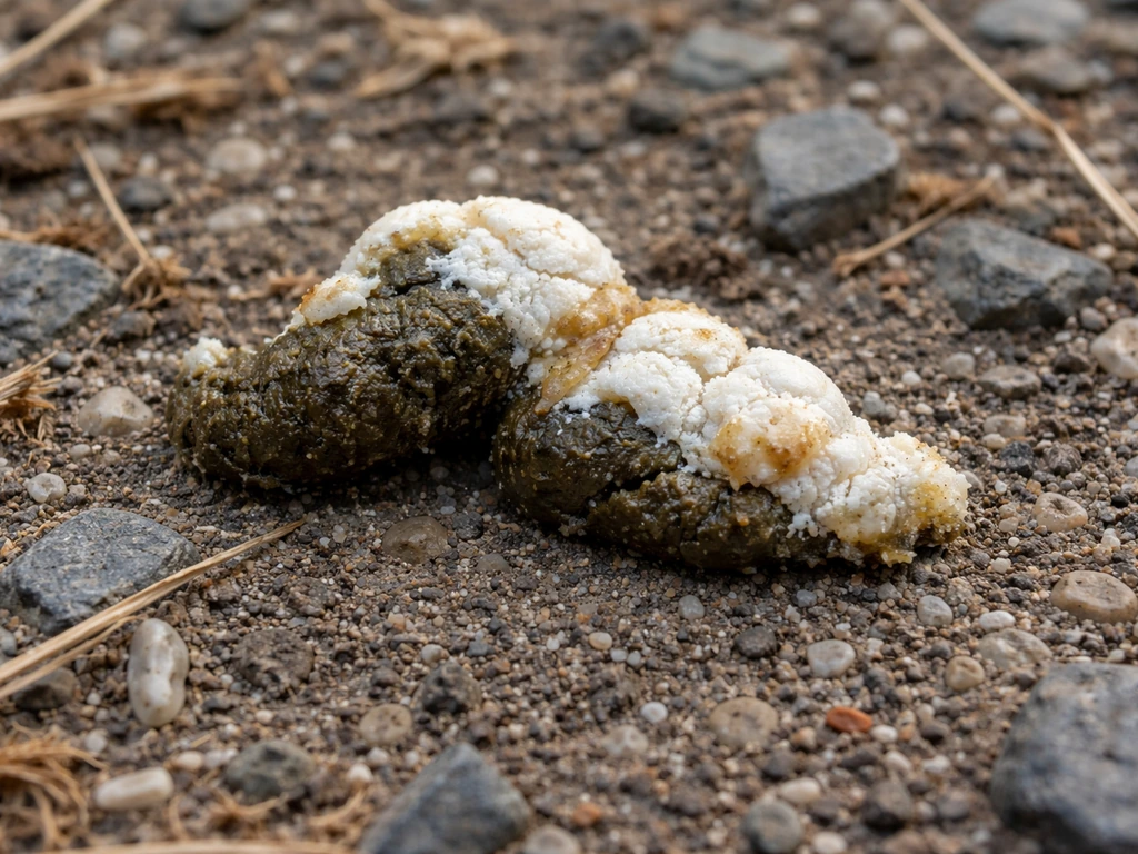 Close-up of bird droppings on a natural surface showing dark fecal part and white chalky urate cap