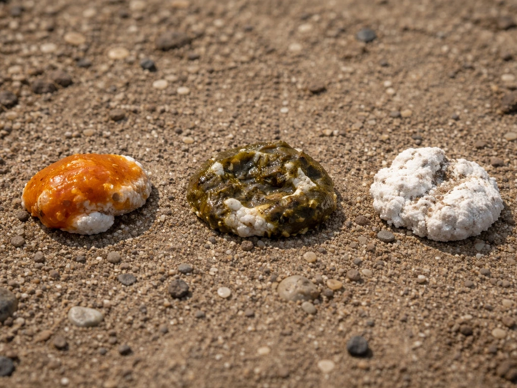 Close-up of bird droppings in three colors—orange, green/brown, and white—on a simple ground surface.