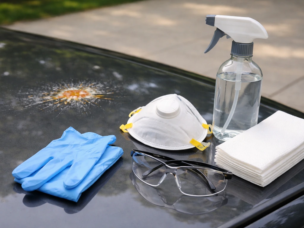 Disposable gloves, respirator, safety glasses, disinfectant spray, and wipes set beside orange bird droppings on a car