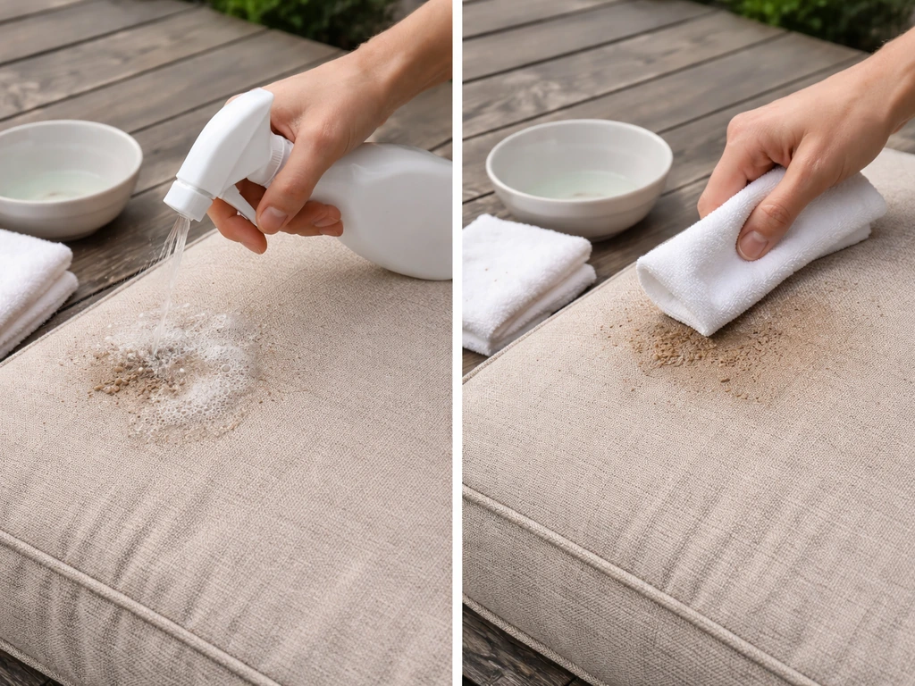 Person soaking a stained fabric cushion with disinfectant and blotting the droppings stain outdoors