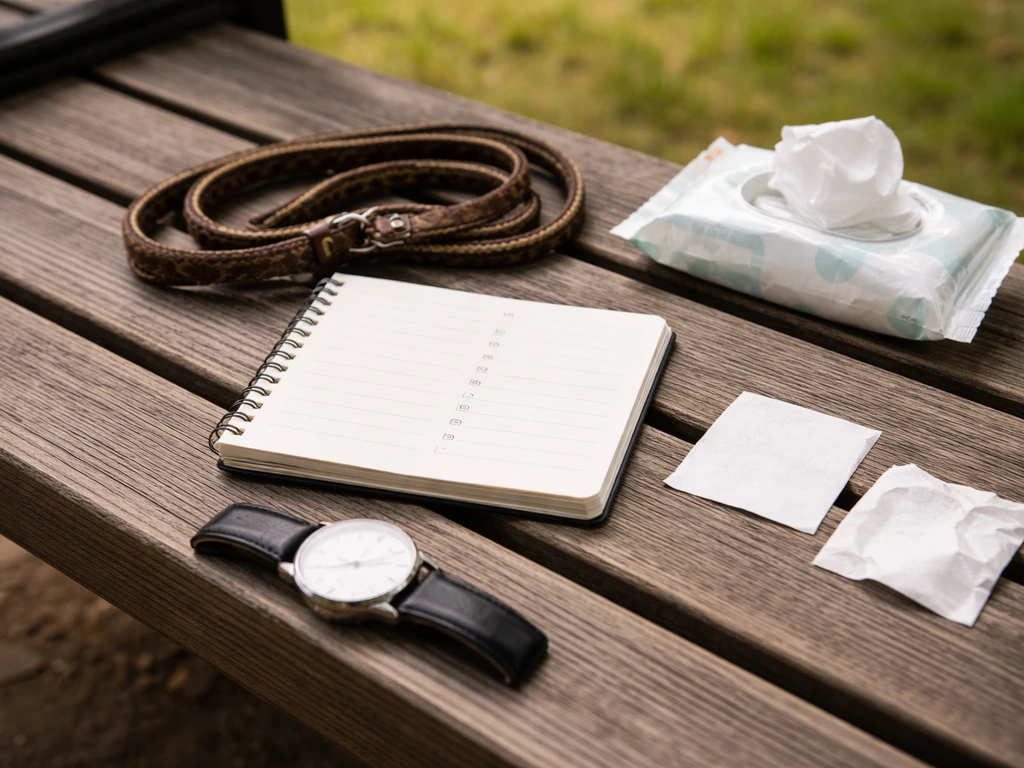 Minimal photo of a dog leash and safe cleaning wipes on a park bench beside a small checklist notebook
